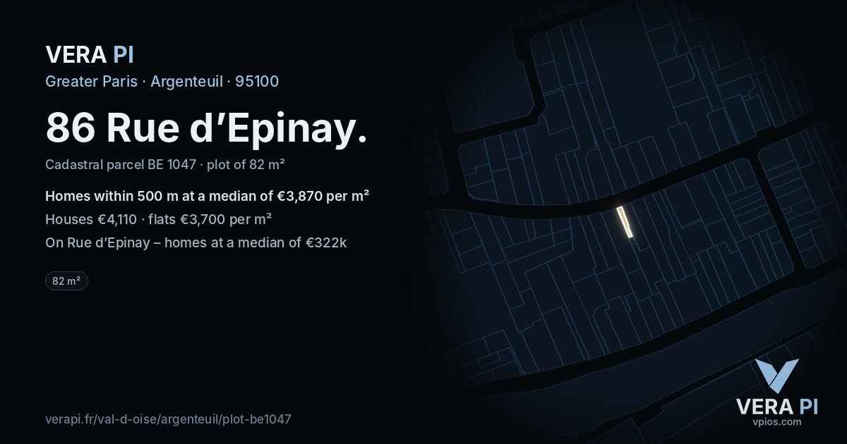 86 Rue d’Epinay, Argenteuil at night – the plot lit, the parcels around coloured by the prices near them