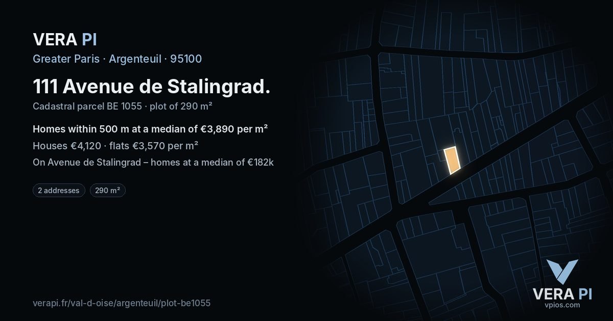 111 Avenue de Stalingrad, Argenteuil at night – the plot lit, the parcels around coloured by the prices near them
