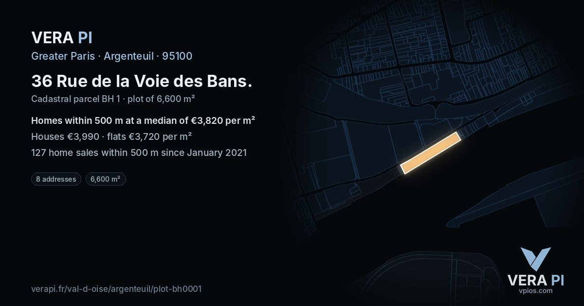 36 Rue de la Voie des Bans, Argenteuil at night – the plot lit, the parcels around coloured by the prices near them