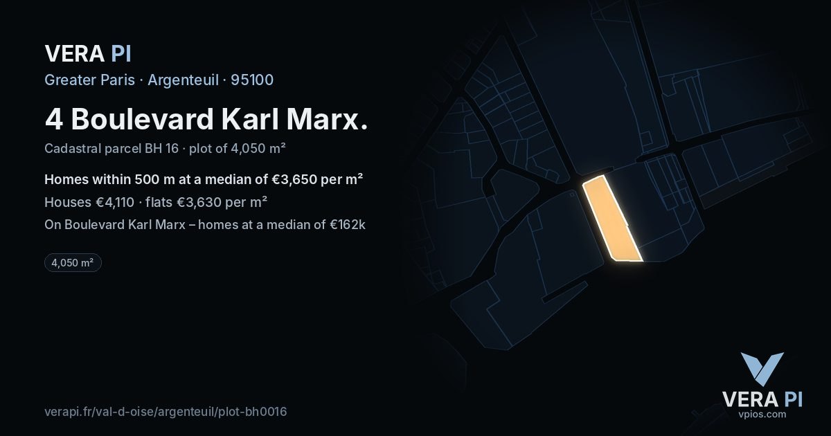 4 Boulevard Karl Marx, Argenteuil at night – the plot lit, the parcels around coloured by the prices near them