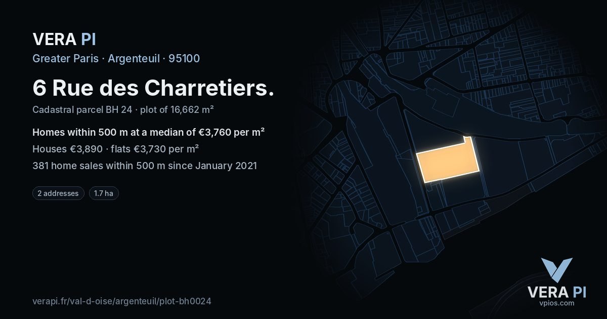 6 Rue des Charretiers, Argenteuil at night – the plot lit, the parcels around coloured by the prices near them