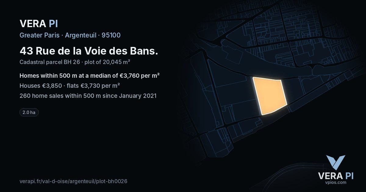 43 Rue de la Voie des Bans, Argenteuil at night – the plot lit, the parcels around coloured by the prices near them
