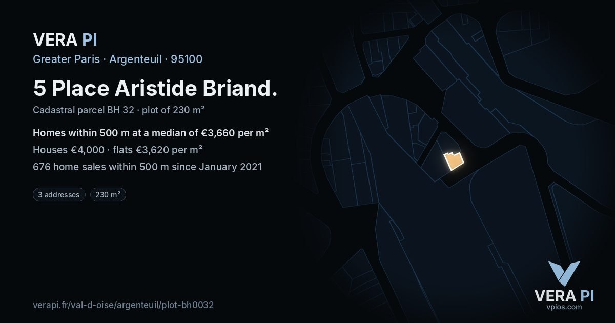 5 Place Aristide Briand, Argenteuil at night – the plot lit, the parcels around coloured by the prices near them