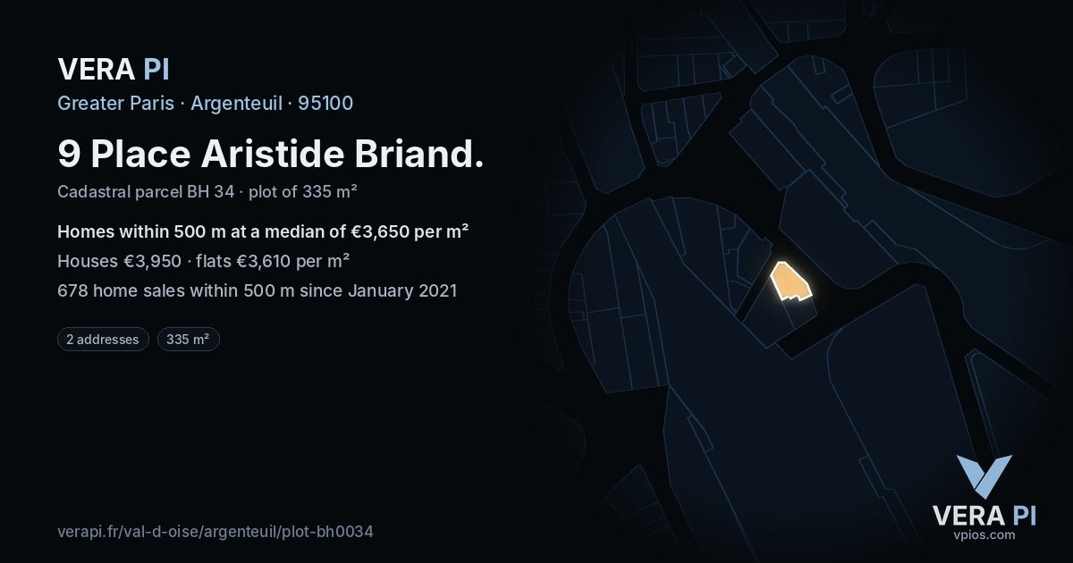 9 Place Aristide Briand, Argenteuil at night – the plot lit, the parcels around coloured by the prices near them