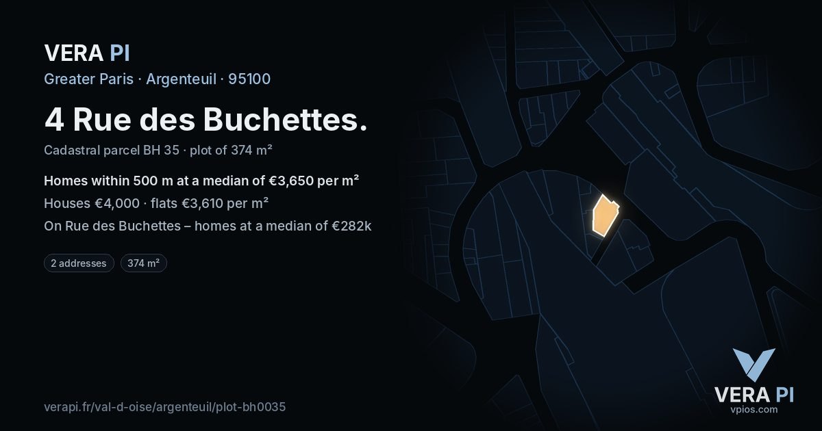 4 Rue des Buchettes, Argenteuil at night – the plot lit, the parcels around coloured by the prices near them