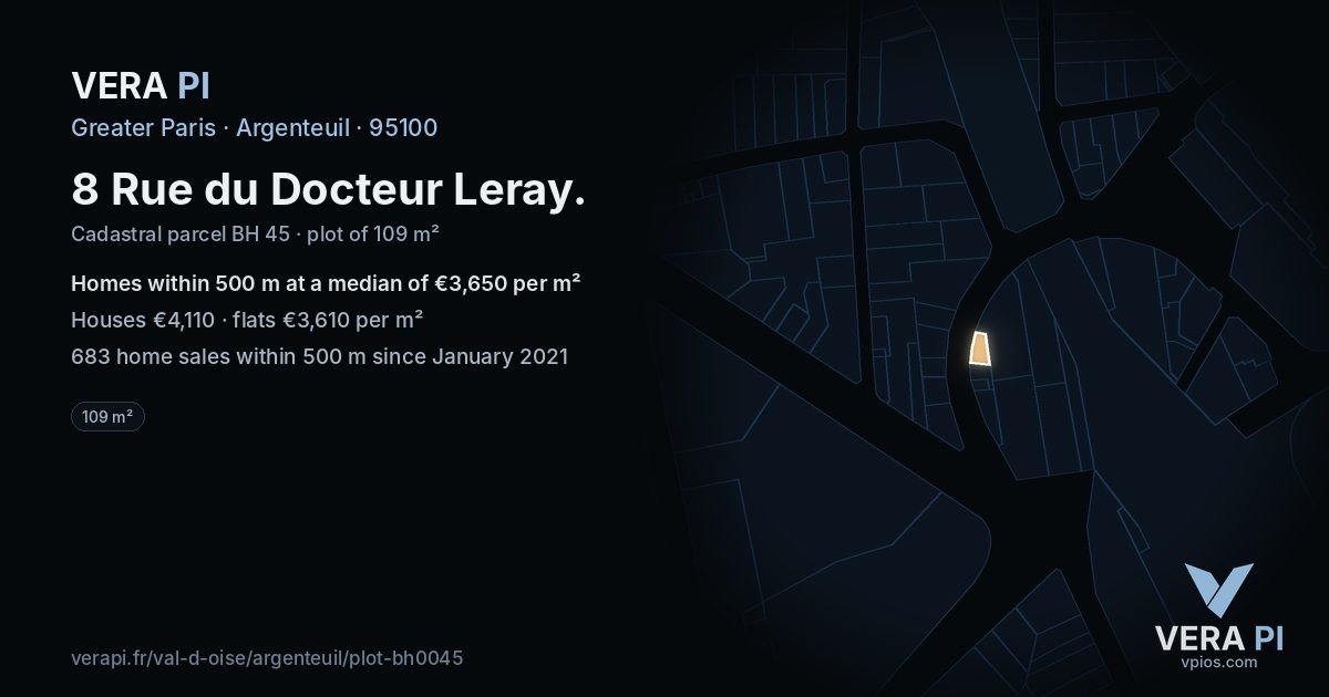8 Rue du Docteur Leray, Argenteuil at night – the plot lit, the parcels around coloured by the prices near them