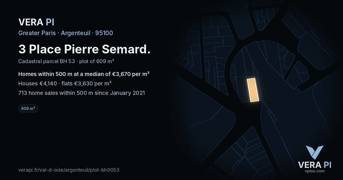 3 Place Pierre Semard, Argenteuil at night – the plot lit, the parcels around coloured by the prices near them