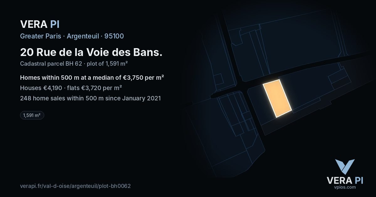 20 Rue de la Voie des Bans, Argenteuil at night – the plot lit, the parcels around coloured by the prices near them