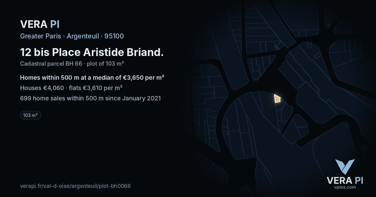 12 bis Place Aristide Briand, Argenteuil at night – the plot lit, the parcels around coloured by the prices near them