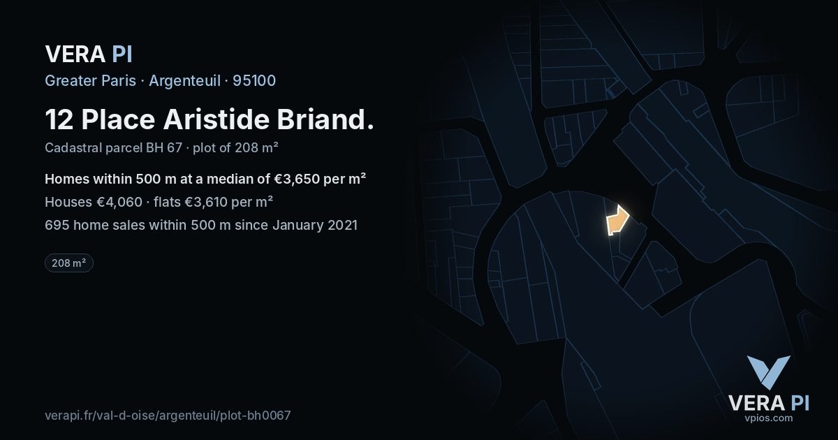 12 Place Aristide Briand, Argenteuil at night – the plot lit, the parcels around coloured by the prices near them