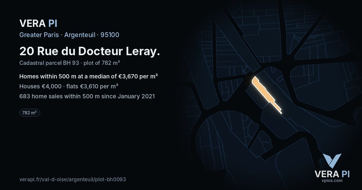 20 Rue du Docteur Leray, Argenteuil at night – the plot lit, the parcels around coloured by the prices near them