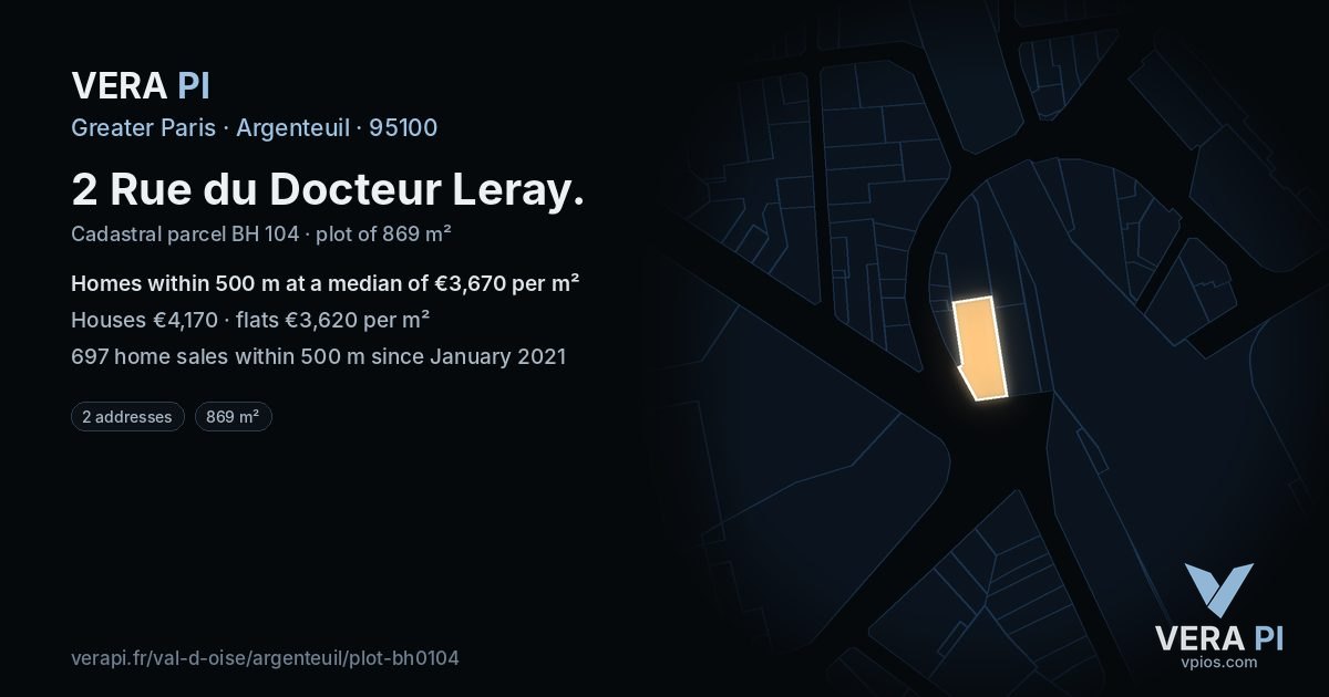 2 Rue du Docteur Leray, Argenteuil at night – the plot lit, the parcels around coloured by the prices near them