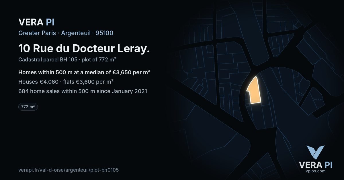 10 Rue du Docteur Leray, Argenteuil at night – the plot lit, the parcels around coloured by the prices near them