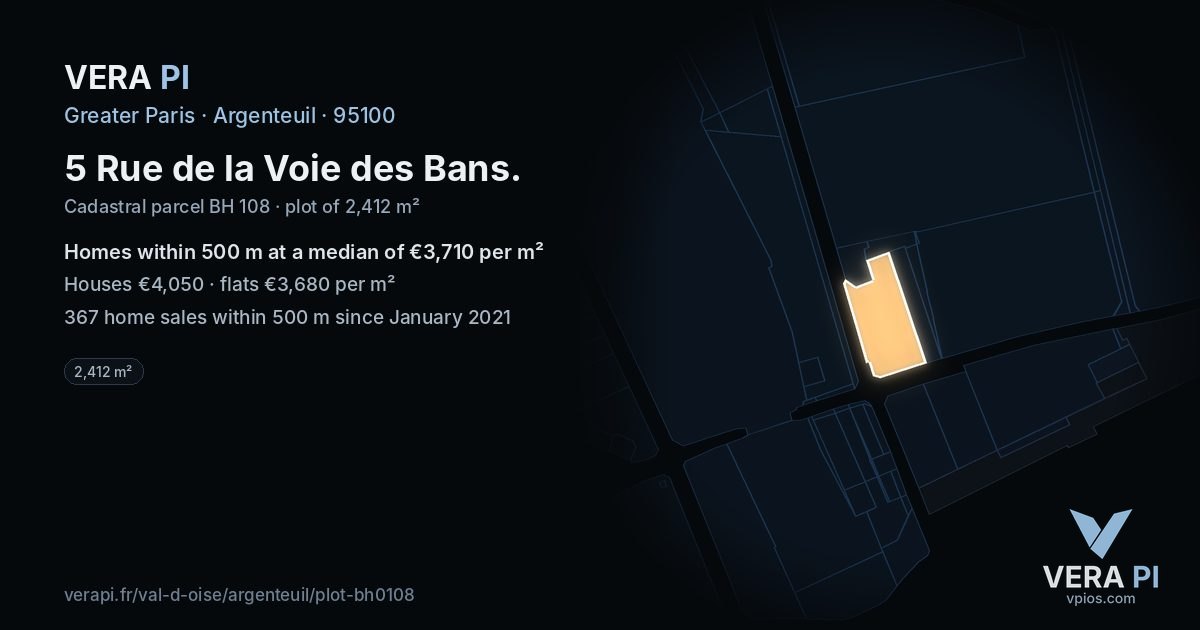 5 Rue de la Voie des Bans, Argenteuil at night – the plot lit, the parcels around coloured by the prices near them