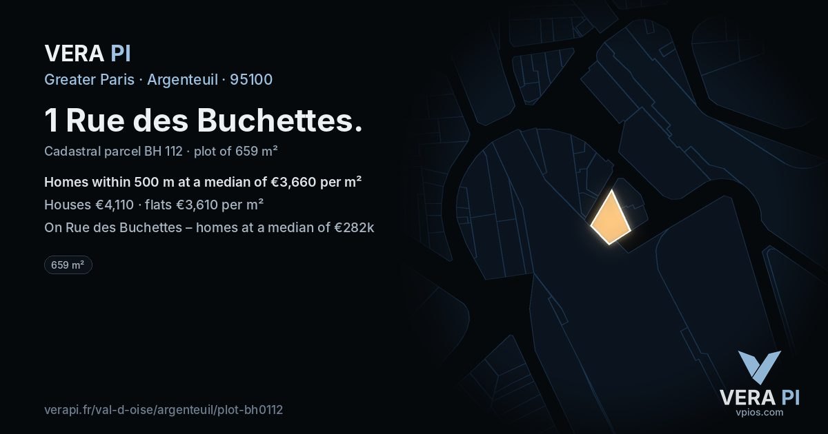 1 Rue des Buchettes, Argenteuil at night – the plot lit, the parcels around coloured by the prices near them