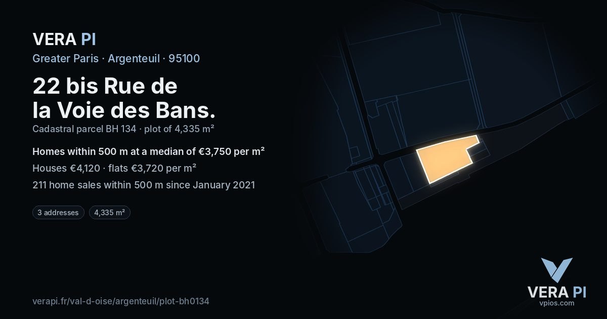22 bis Rue de la Voie des Bans, Argenteuil at night – the plot lit, the parcels around coloured by the prices near them
