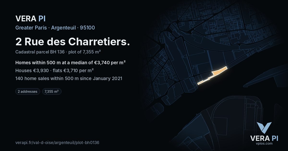 2 Rue des Charretiers, Argenteuil at night – the plot lit, the parcels around coloured by the prices near them