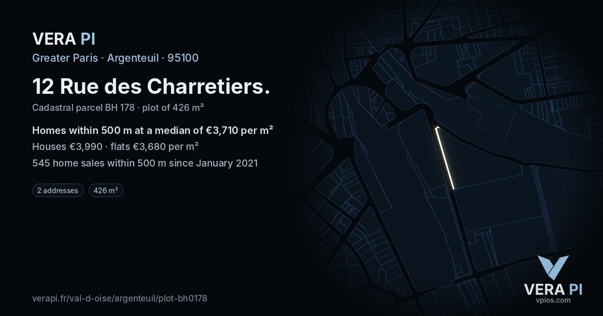 12 Rue des Charretiers, Argenteuil at night – the plot lit, the parcels around coloured by the prices near them