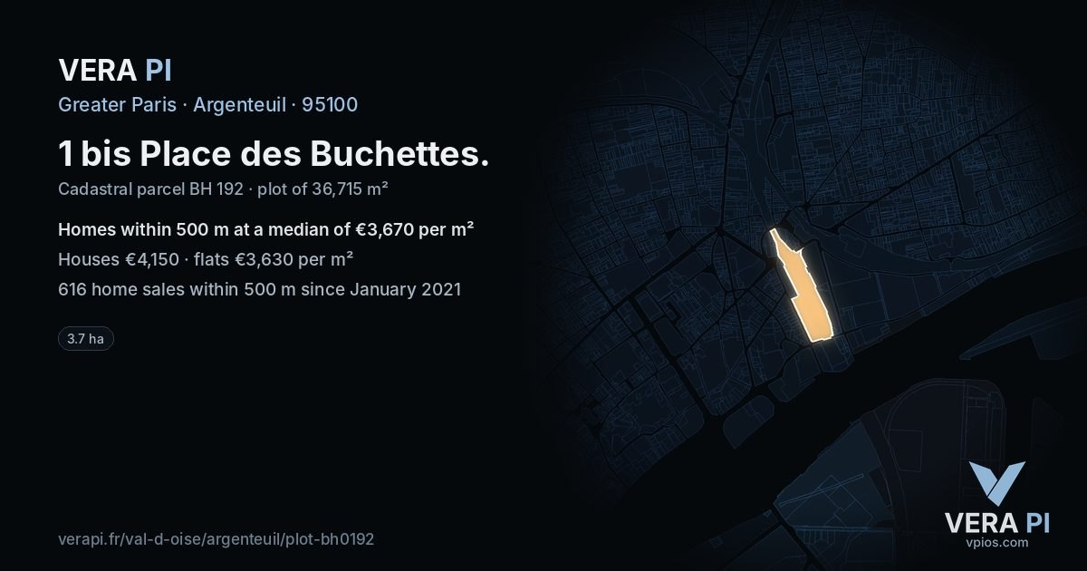 1 bis Place des Buchettes, Argenteuil at night – the plot lit, the parcels around coloured by the prices near them
