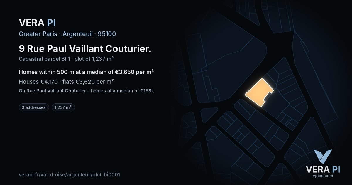 9 Rue Paul Vaillant Couturier, Argenteuil at night – the plot lit, the parcels around coloured by the prices near them