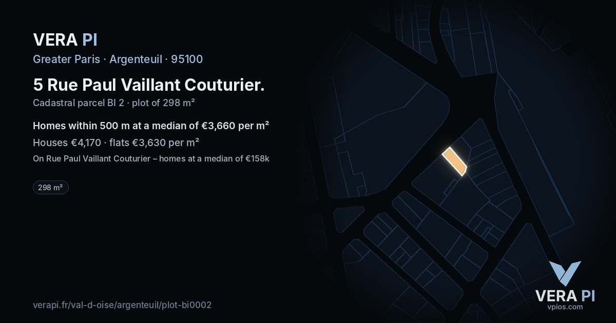 5 Rue Paul Vaillant Couturier, Argenteuil at night – the plot lit, the parcels around coloured by the prices near them