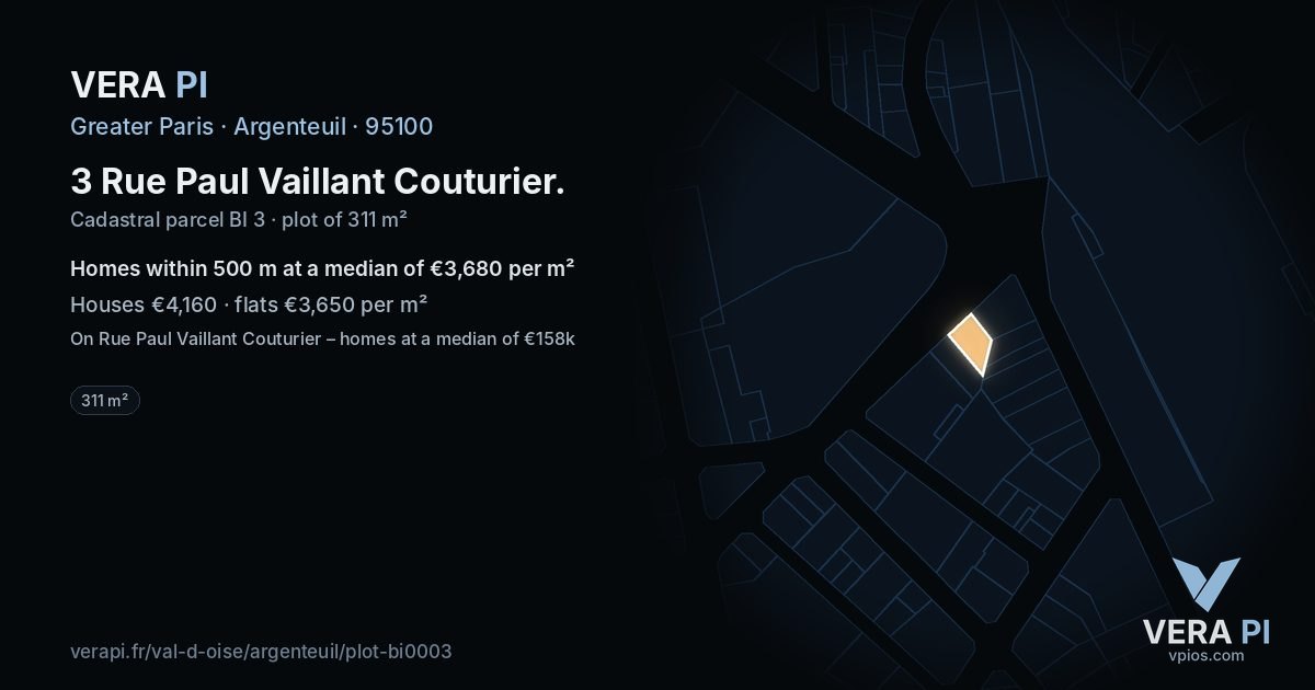 3 Rue Paul Vaillant Couturier, Argenteuil at night – the plot lit, the parcels around coloured by the prices near them