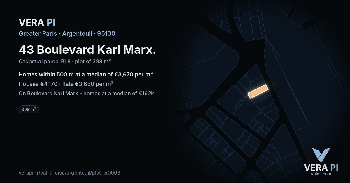 43 Boulevard Karl Marx, Argenteuil at night – the plot lit, the parcels around coloured by the prices near them