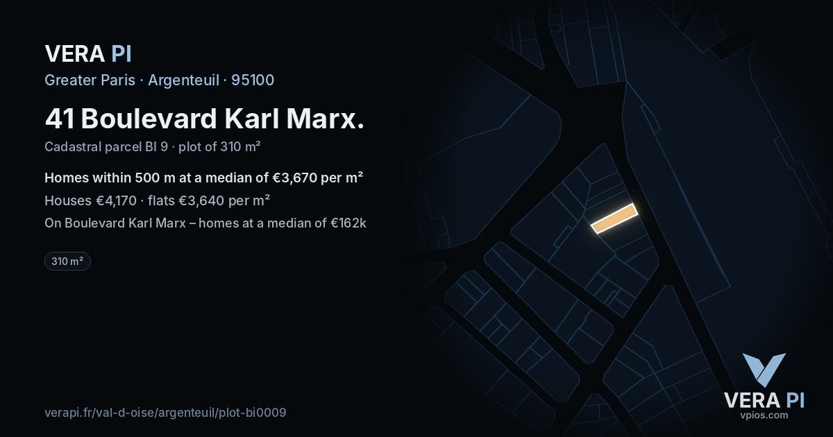 41 Boulevard Karl Marx, Argenteuil at night – the plot lit, the parcels around coloured by the prices near them