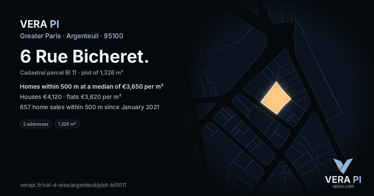 6 Rue Bicheret, Argenteuil at night – the plot lit, the parcels around coloured by the prices near them