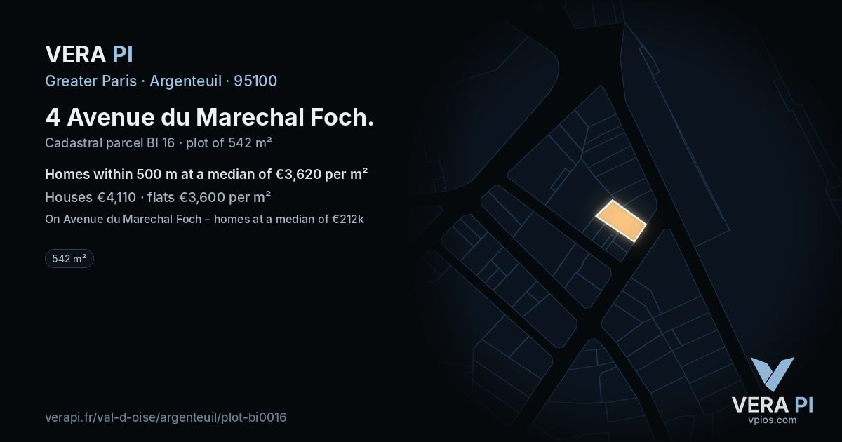 4 Avenue du Marechal Foch, Argenteuil at night – the plot lit, the parcels around coloured by the prices near them