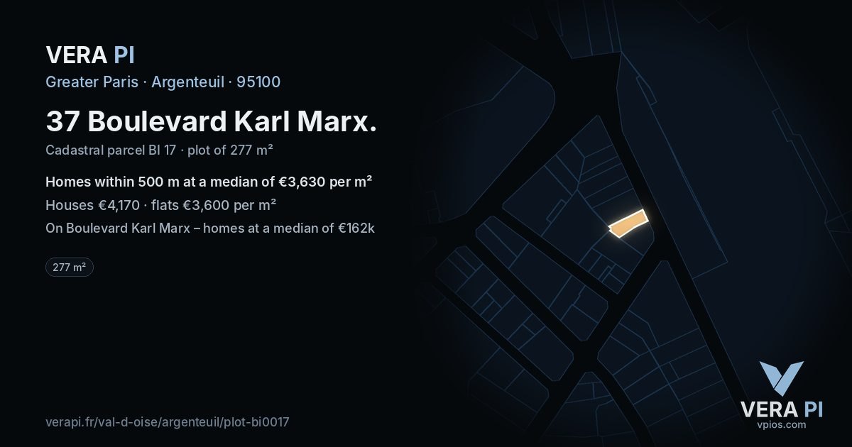 37 Boulevard Karl Marx, Argenteuil at night – the plot lit, the parcels around coloured by the prices near them
