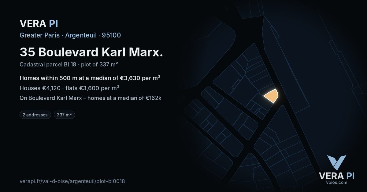 35 Boulevard Karl Marx, Argenteuil at night – the plot lit, the parcels around coloured by the prices near them