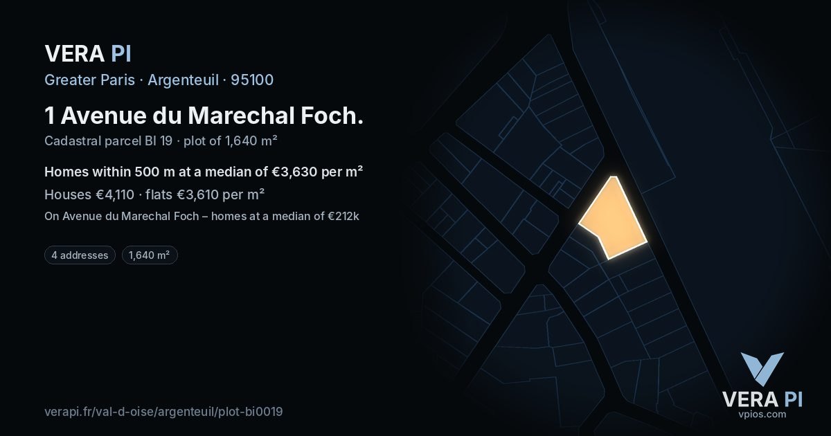 1 Avenue du Marechal Foch, Argenteuil at night – the plot lit, the parcels around coloured by the prices near them