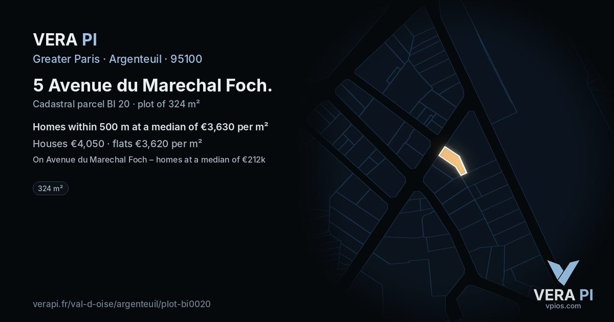 5 Avenue du Marechal Foch, Argenteuil at night – the plot lit, the parcels around coloured by the prices near them