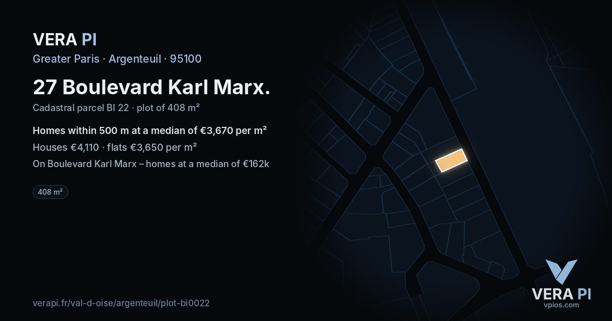 27 Boulevard Karl Marx, Argenteuil at night – the plot lit, the parcels around coloured by the prices near them