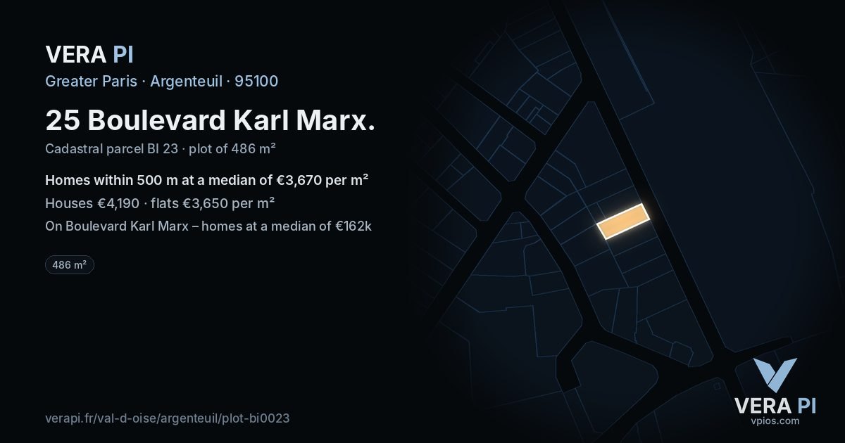 25 Boulevard Karl Marx, Argenteuil at night – the plot lit, the parcels around coloured by the prices near them