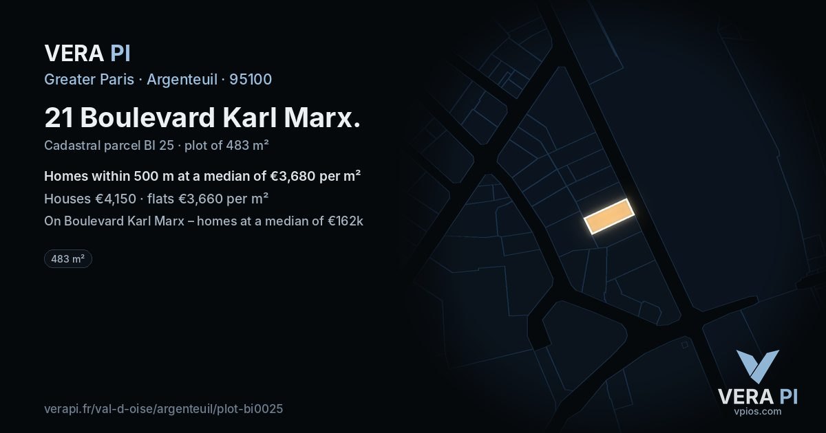 21 Boulevard Karl Marx, Argenteuil at night – the plot lit, the parcels around coloured by the prices near them