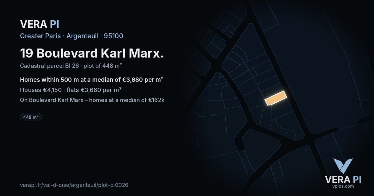 19 Boulevard Karl Marx, Argenteuil at night – the plot lit, the parcels around coloured by the prices near them