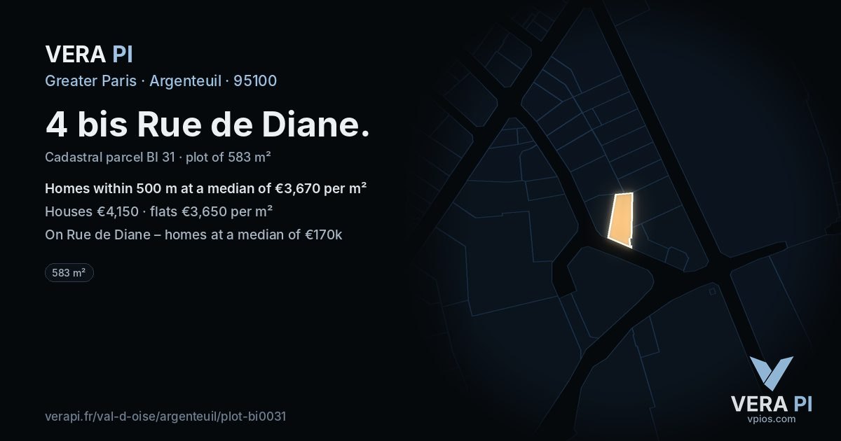 4 bis Rue de Diane, Argenteuil at night – the plot lit, the parcels around coloured by the prices near them