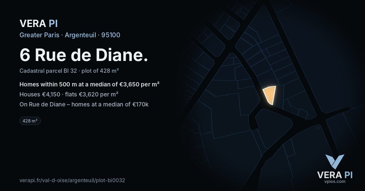 6 Rue de Diane, Argenteuil at night – the plot lit, the parcels around coloured by the prices near them