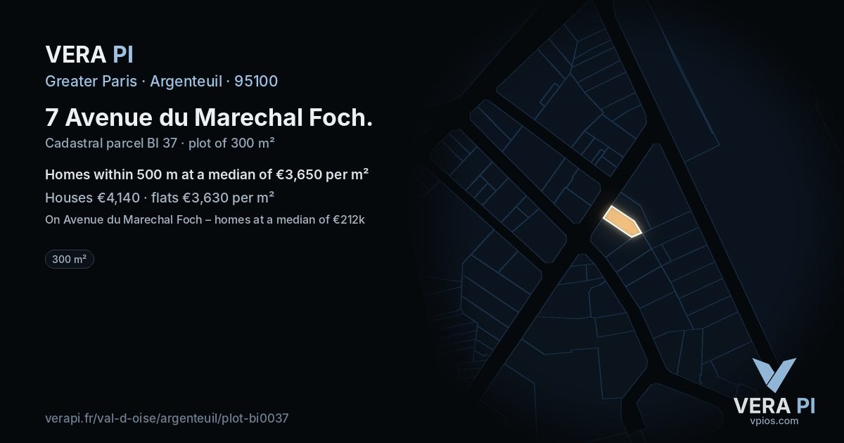 7 Avenue du Marechal Foch, Argenteuil at night – the plot lit, the parcels around coloured by the prices near them