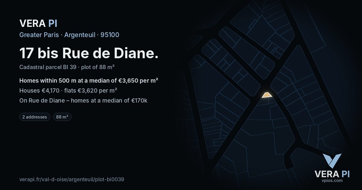 17 bis Rue de Diane, Argenteuil at night – the plot lit, the parcels around coloured by the prices near them