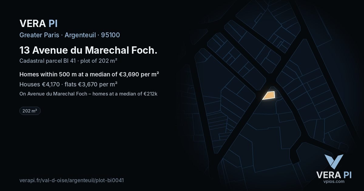 13 Avenue du Marechal Foch, Argenteuil at night – the plot lit, the parcels around coloured by the prices near them