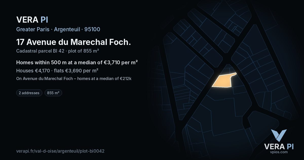17 Avenue du Marechal Foch, Argenteuil at night – the plot lit, the parcels around coloured by the prices near them
