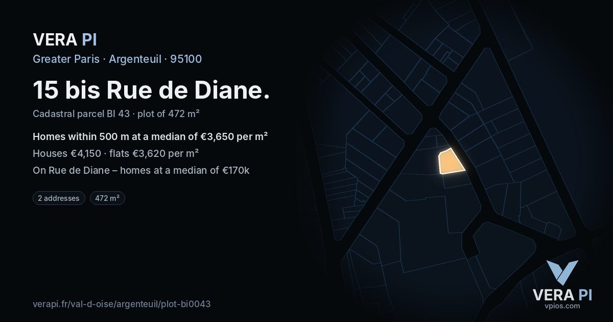 15 bis Rue de Diane, Argenteuil at night – the plot lit, the parcels around coloured by the prices near them