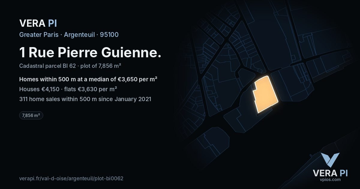 1 Rue Pierre Guienne, Argenteuil at night – the plot lit, the parcels around coloured by the prices near them
