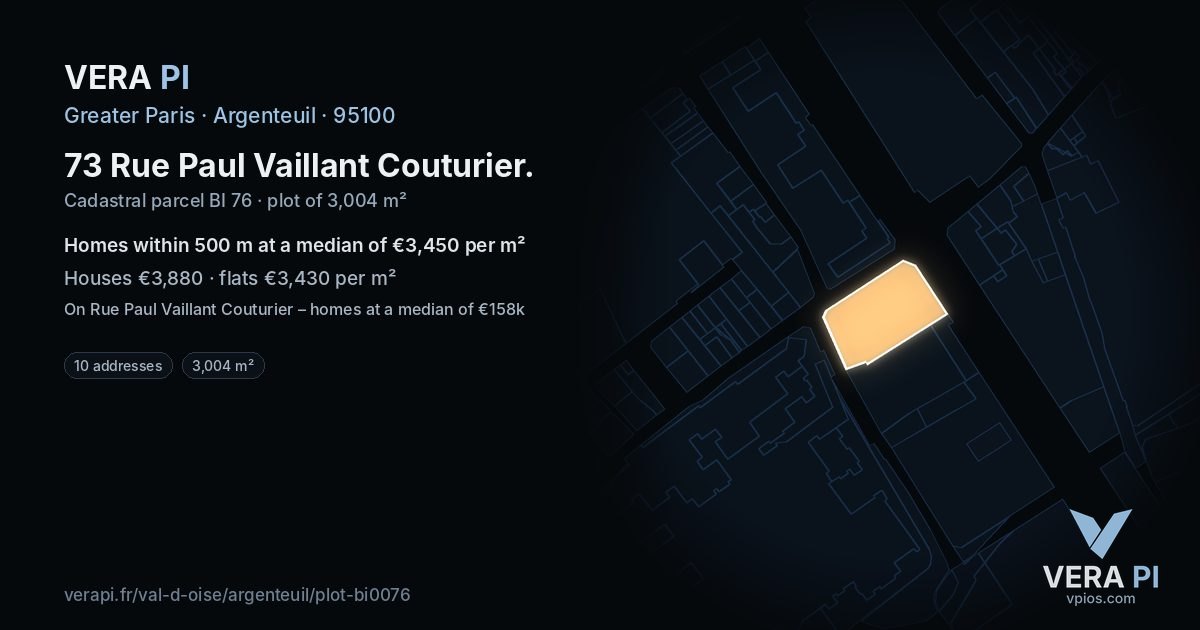 73 Rue Paul Vaillant Couturier, Argenteuil at night – the plot lit, the parcels around coloured by the prices near them