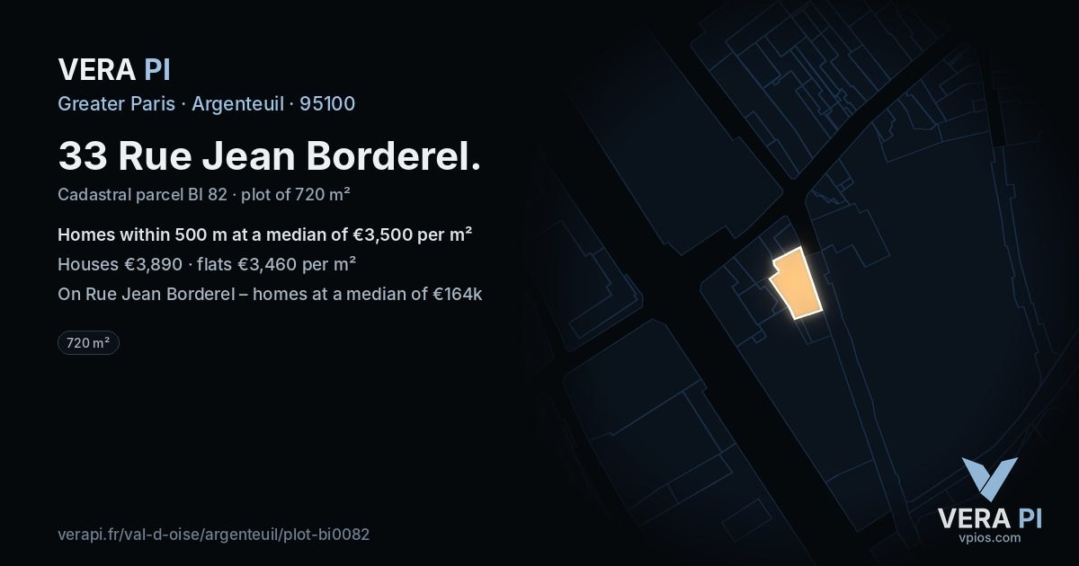 33 Rue Jean Borderel, Argenteuil at night – the plot lit, the parcels around coloured by the prices near them