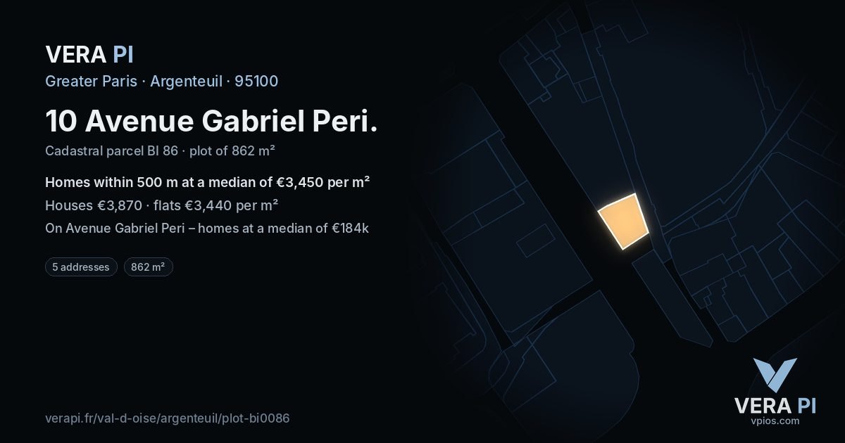 10 Avenue Gabriel Peri, Argenteuil at night – the plot lit, the parcels around coloured by the prices near them