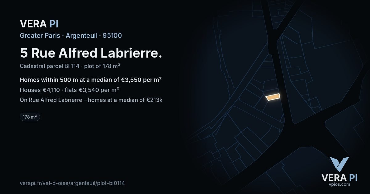 5 Rue Alfred Labrierre, Argenteuil at night – the plot lit, the parcels around coloured by the prices near them